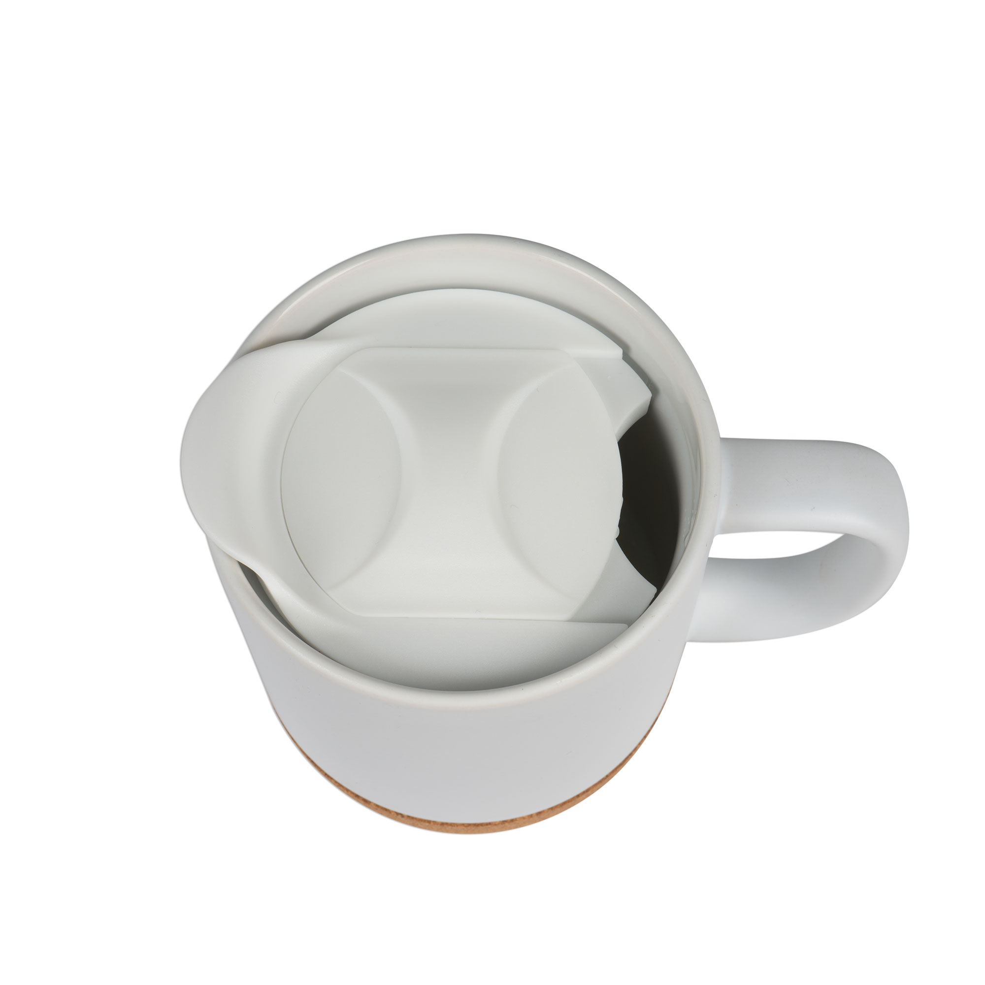 Keramiktasse BEN mit abnehmbarem Korksockel, Sublistar® Coating Kunststoffdeckel, Weiß-matt, 36 St./Karton