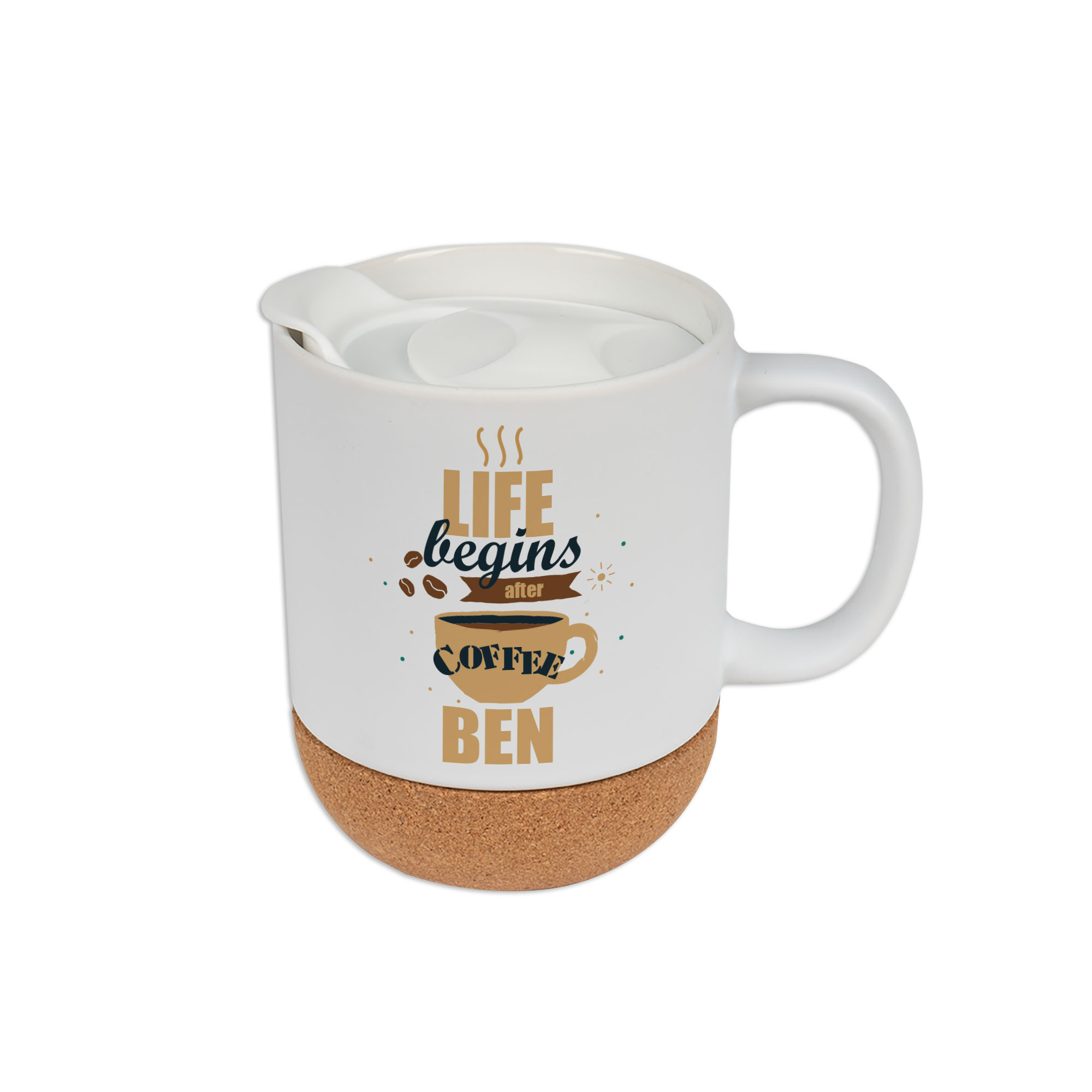 Keramiktasse BEN mit abnehmbarem Korksockel, Sublistar® Coating Kunststoffdeckel, Weiß-matt, 36 St./Karton