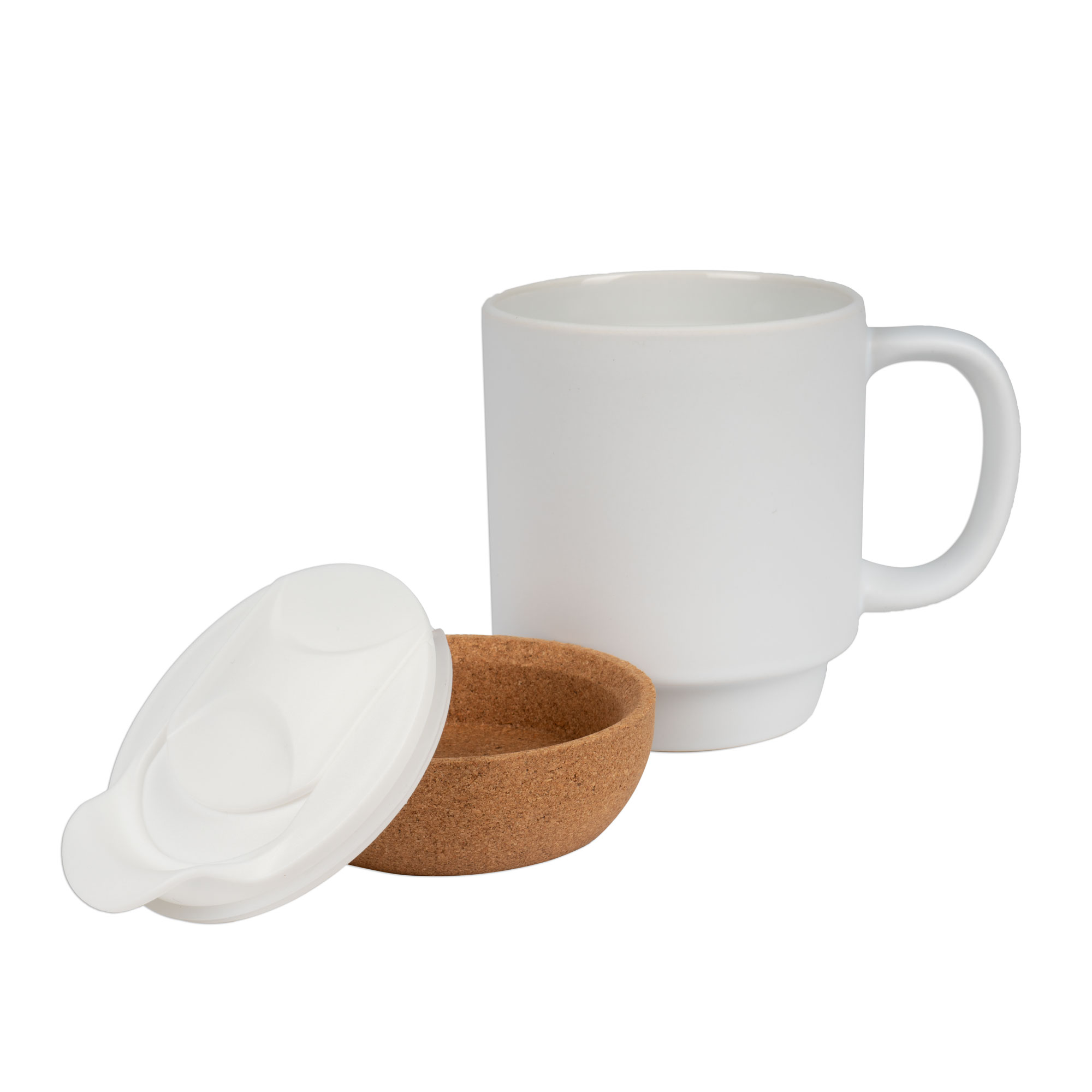 Keramiktasse BEN mit abnehmbarem Korksockel, Sublistar® Coating Kunststoffdeckel, Weiß-matt, 36 St./Karton
