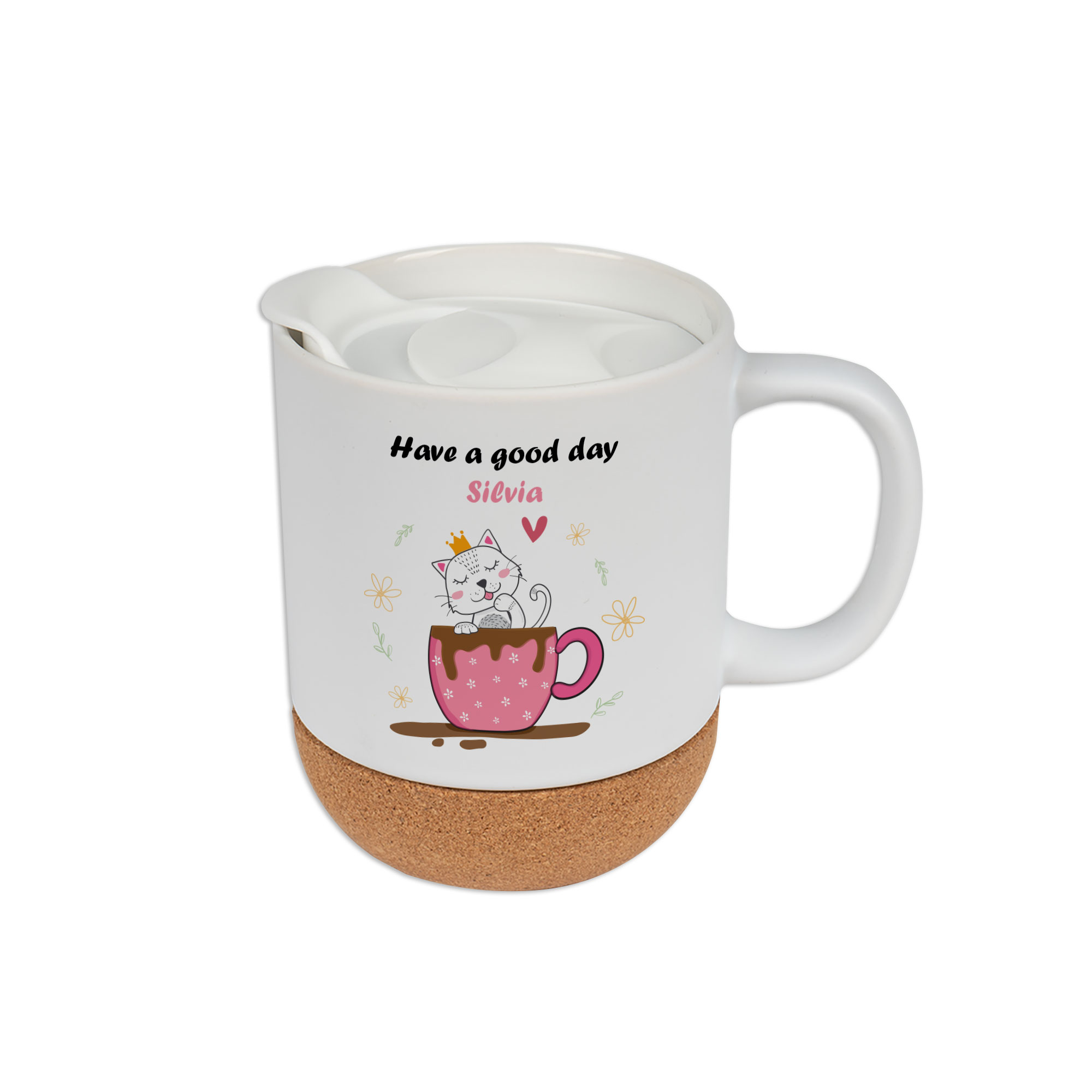 Keramiktasse BEN mit abnehmbarem Korksockel, Sublistar® Coating Kunststoffdeckel, Weiß-matt, 36 St./Karton