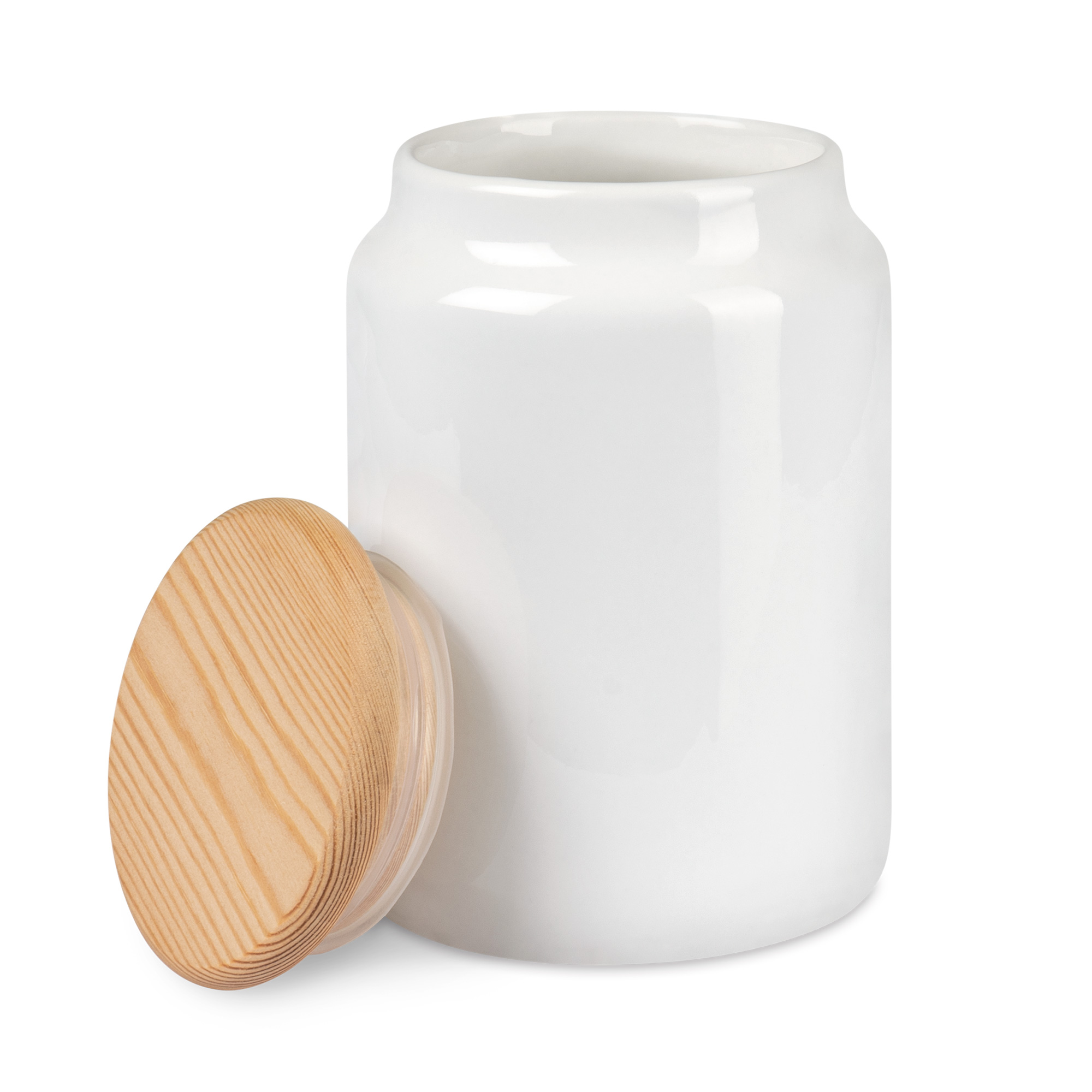 Keramikdose Weiß mit Holzdeckel, Höhe 155 mm, Ø 95 mm, 12 St./Lage, 24 St./Karton Keramikdose Weiß mit Holzdeckel, Höhe 155 mm, Ø 95 mm, 12 St./Lage, 24 St./Karton