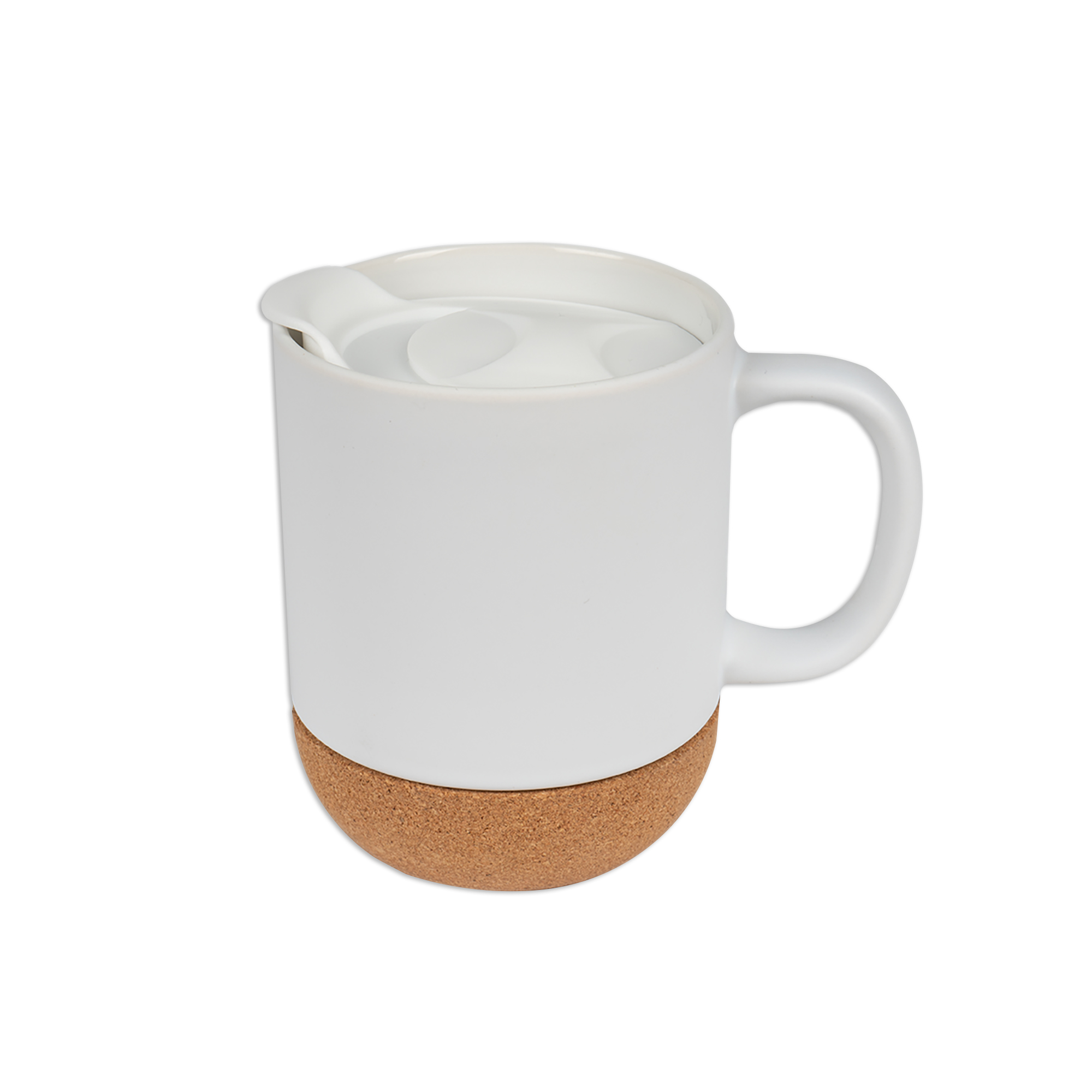Keramiktasse BEN mit abnehmbarem Korksockel, Sublistar® Coating Kunststoffdeckel, Weiß-matt, 36 St./Karton